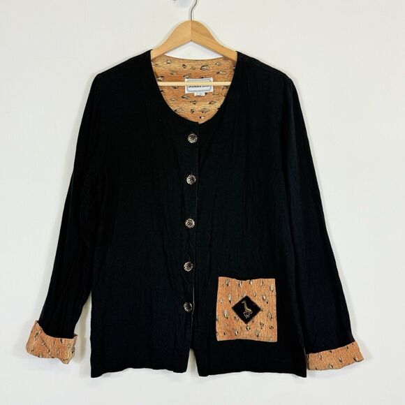 Starfire Black Giraffe Art To Wear Flax Blend Sweater Cardigan Women's 10 - Picture 1 of 5